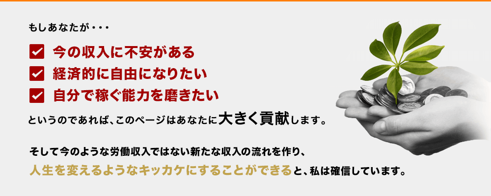 もしあなたが「今の収入に不安がある」「経済的に自由になりたい」「自分で稼ぐ能力を磨きたい」というのであれば、このページはあなたに大きく貢献します。