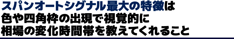 スパンオートシグナル最大の特徴は色や四角枠の出現で視覚的に相場の変化時間帯を教えてくれること