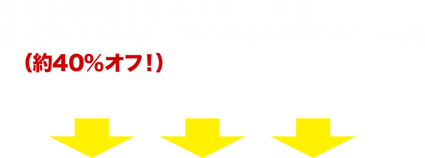 ●8個の特典をセットで手に入れる●47万2200円→29万8000円で手に入れる(約40%オフに値する「初公開記念特価」です!)